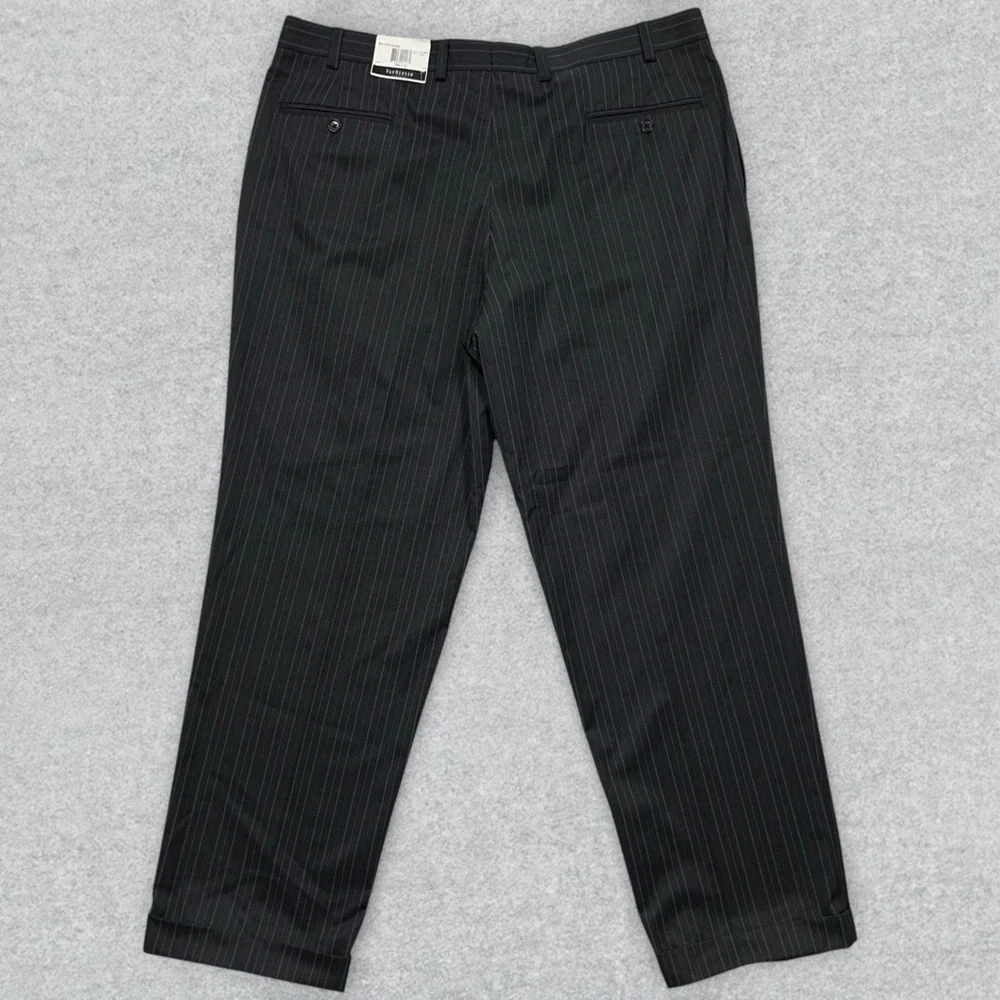 Van Huesen Dress Pants Men's 40x30 Black Striped Pleated Unhemmed Straight NWOT